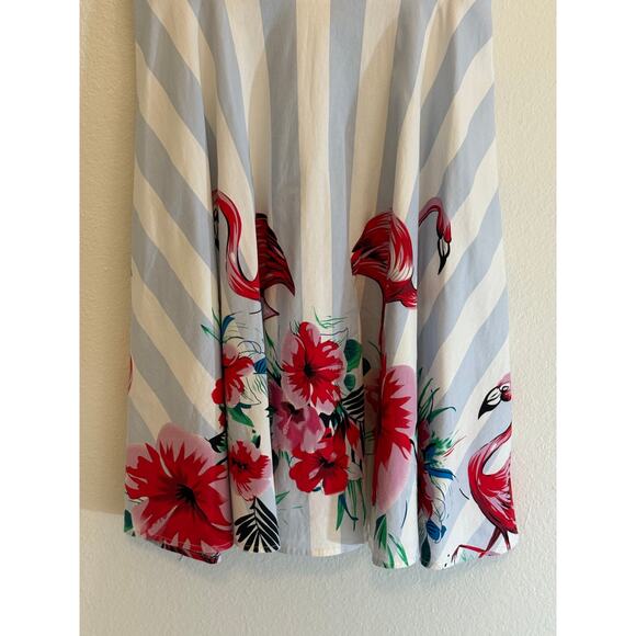 FLAMINGO Dress Blue Stripe Retro Novelty Print Floral Fit Flare | LARGE - Picture 5 of 7